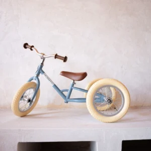 Adorable blue retro-style tricycle without pedals. Encourages balance, coordination, and physical activity for kids. Safe and stylish ride for little adventurers.