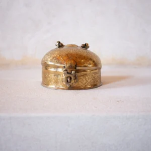 Traditional Indian spice box (Masala Dabba) in vintage brass, essential for Indian cooking. Handcrafted with intricate designs, reflecting India's rich culinary heritage.