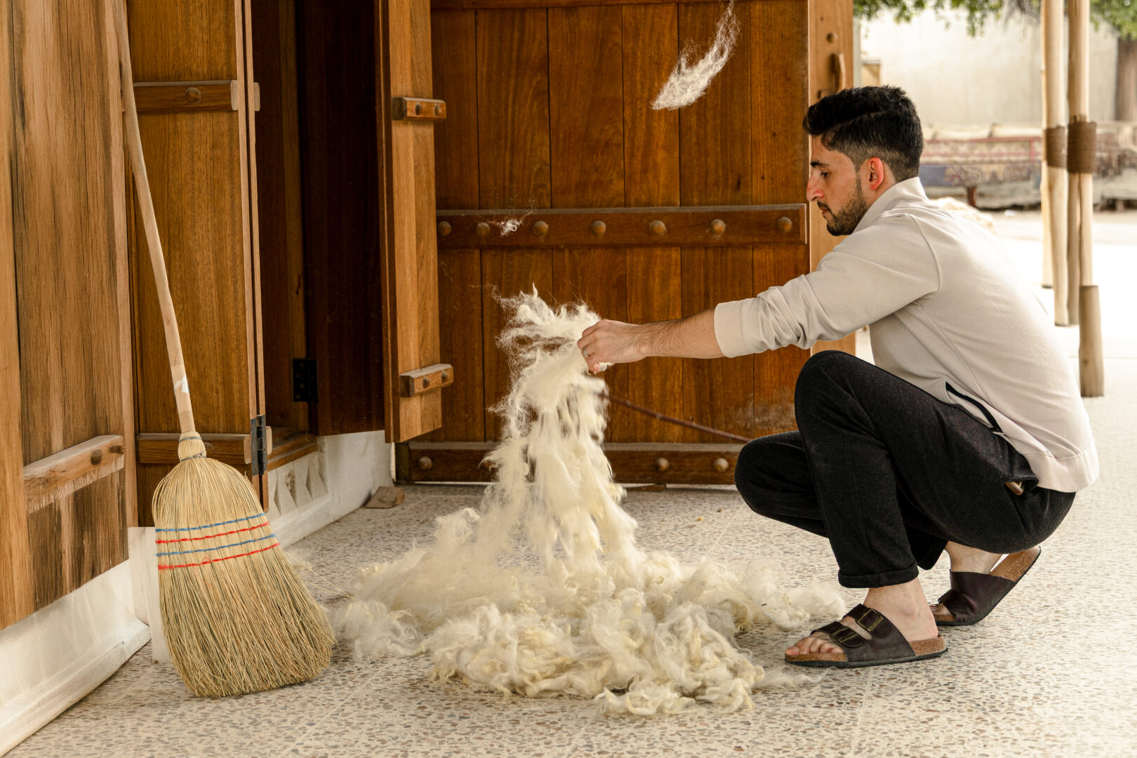 Working with raw natural fibre at the farm