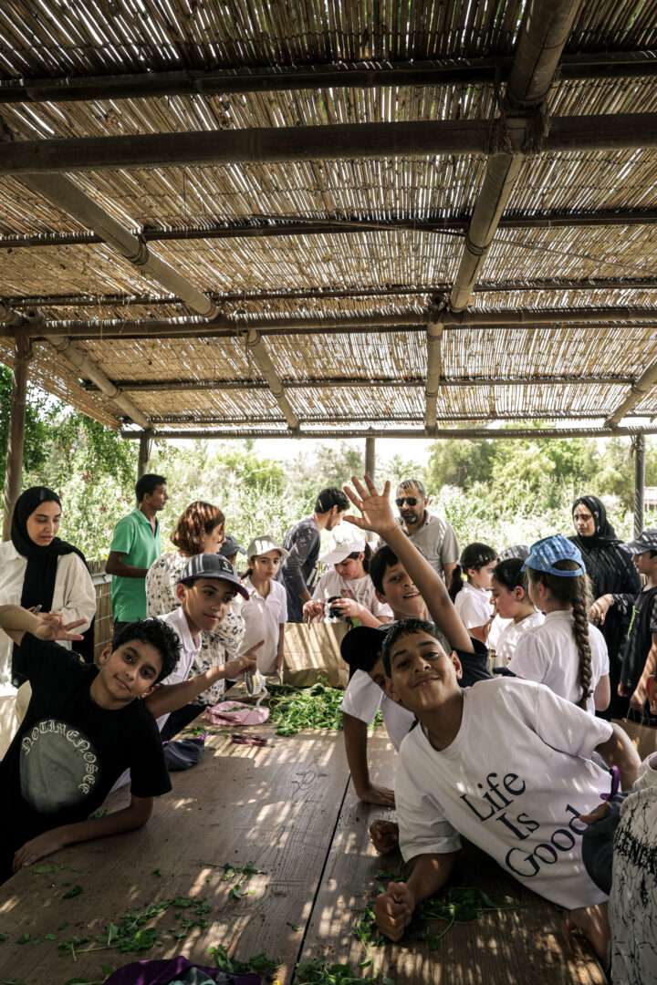 Students weighing their harvest at Heenat Salma Farm